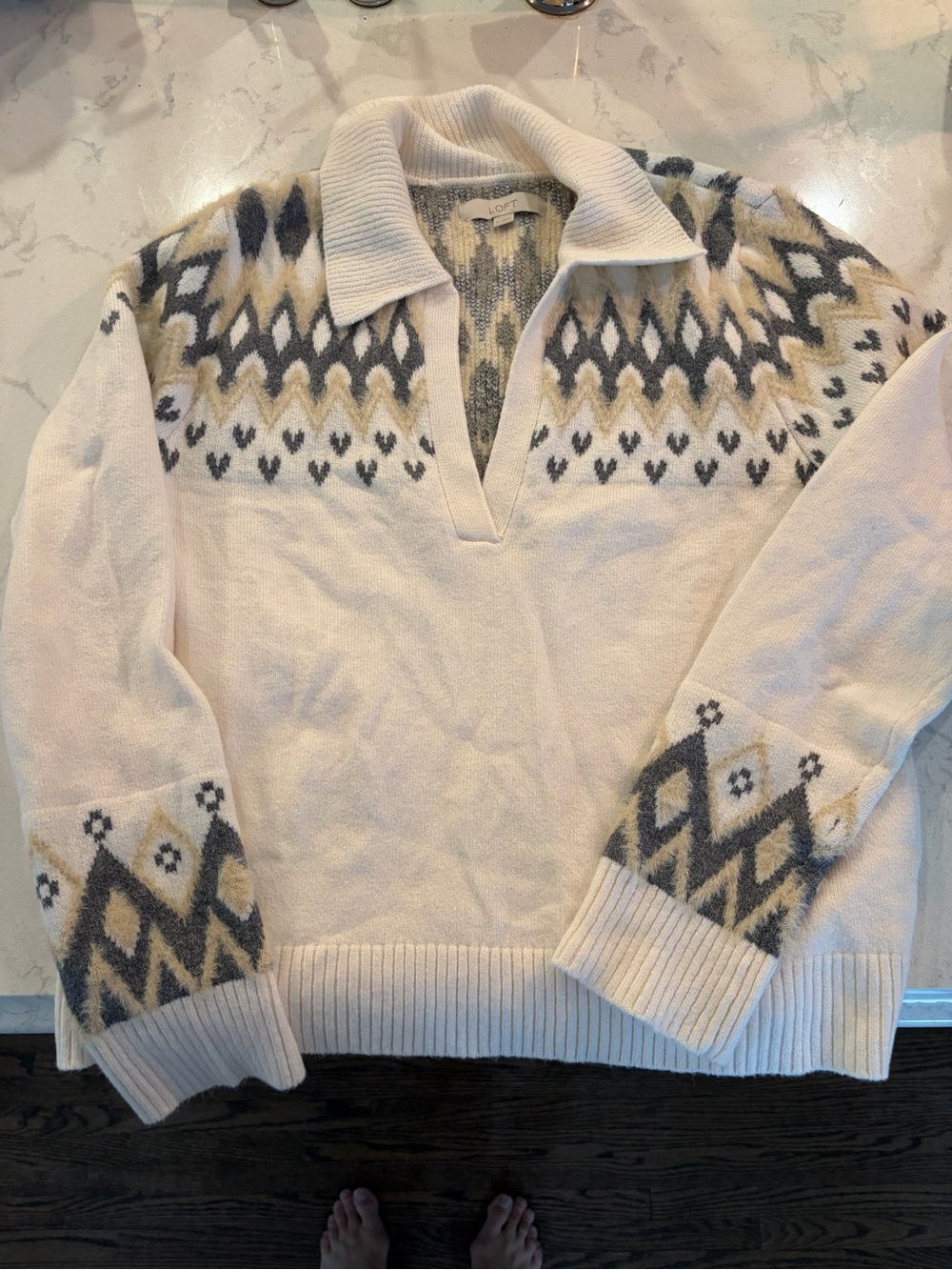 LOFT Cream V‑Neck Sweater with Gray and Tan Fair Isle Yoke
